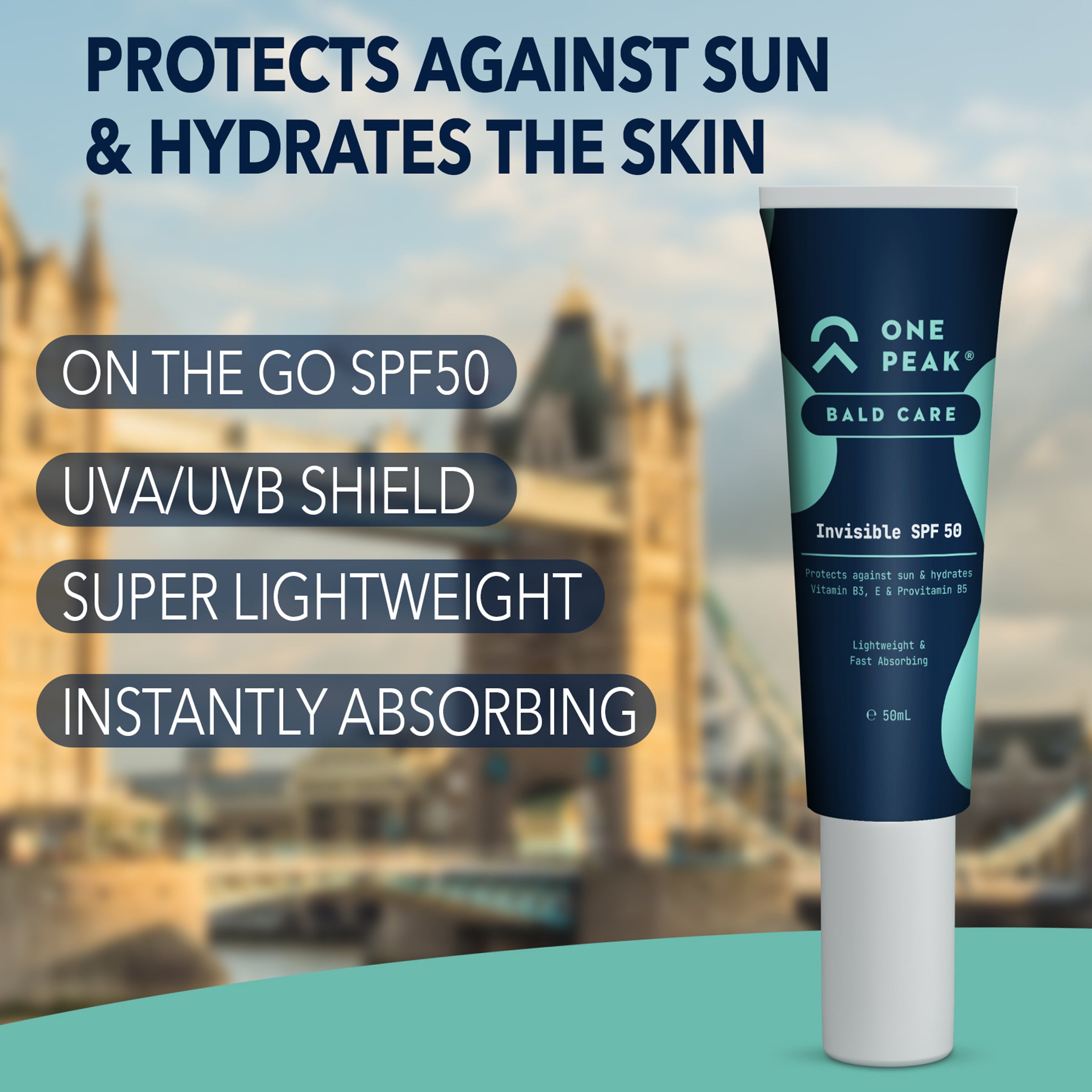 Bald Care SPF50 with london background